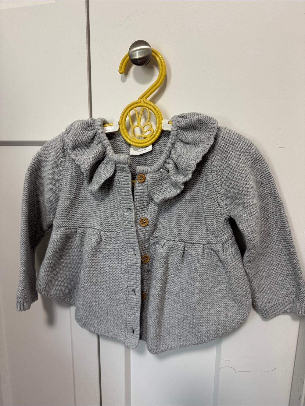next Baby Knit Cardigan in Light Gray with Ruffle Collar